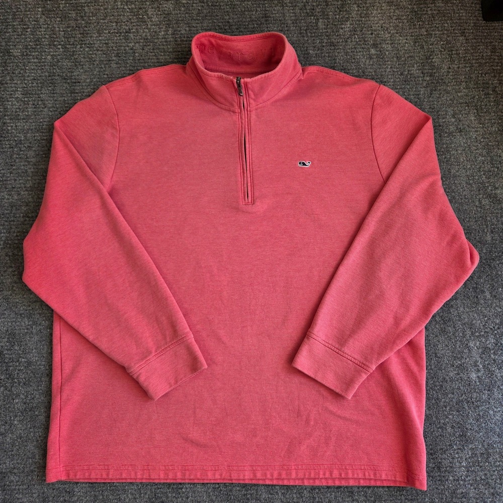 Vineyard Vines Mens XXL Coral Pink Ribbed Quarter Zip Pullover Whale Logo Top